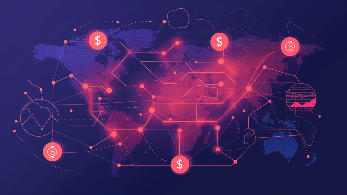 A cross-border payment system powered by blockchain technology, showing a seamless and instant transfer of funds between different countries with low fees