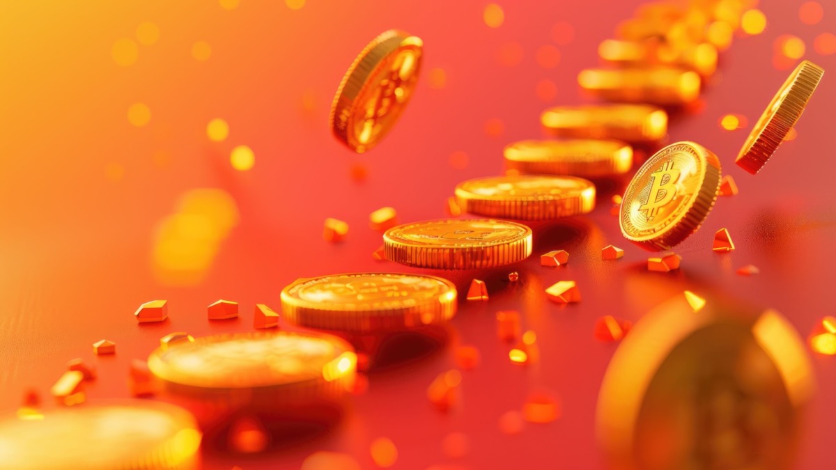 Bitcoin transaction fees dropping, animated coins descending a 3D slide