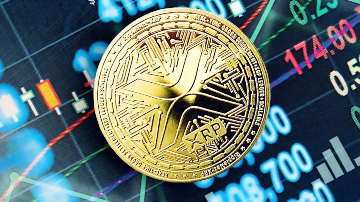 XRP Ripple cryptocurrency coin sticker on chart values banner. Concept of modern crypto money
