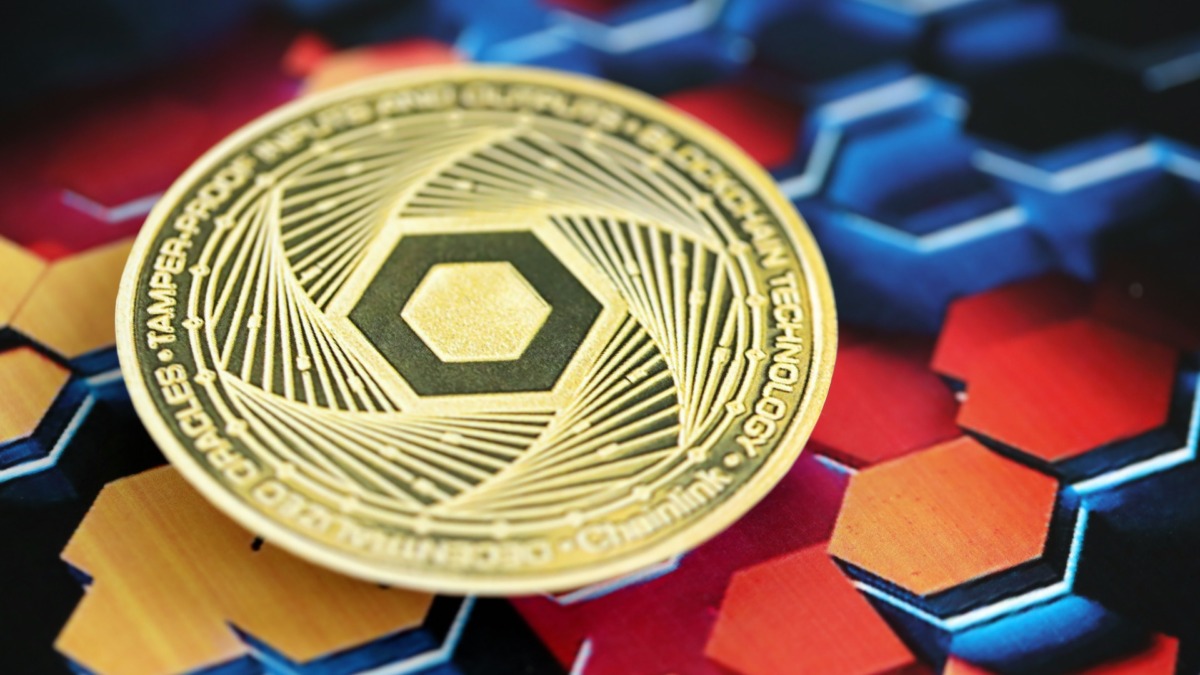Chainlink cryptocurrency coin sticker on hexagonal abstract banner. Concept of modern crypto money