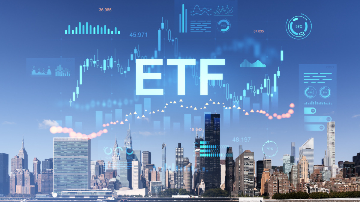 Exchange-traded fund and cryptocurrency analytics over New York skyline, digital style on blue sky background, concept of American finance