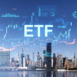 Exchange-traded fund and cryptocurrency analytics over New York skyline, digital style on blue sky background, concept of American finance