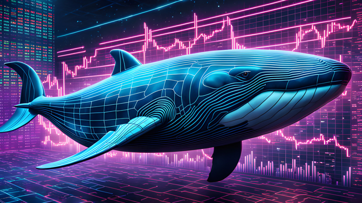 Fantasy on the theme of cryptocurrency whales, a 3D technological pseudo-realistic whale in a technologically modern design. 3D rendering and illustration.