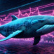 Fantasy on the theme of cryptocurrency whales, a 3D technological pseudo-realistic whale in a technologically modern design. 3D rendering and illustration.