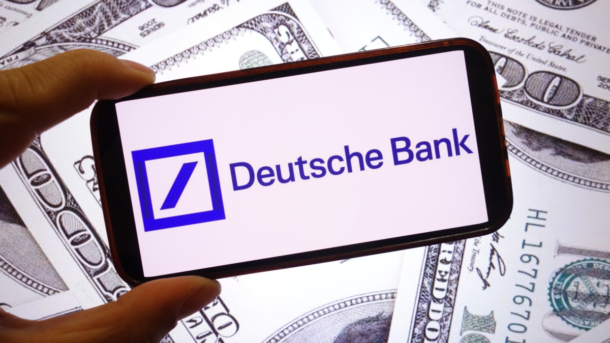 Deutsche Bank company logo displayed on mobile phone