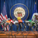 Federal Reserve System Fed of USA press conference concept. Microphones TV and radio channels with symbol and flag of US Federal Reserve. 3d illustration