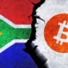 Bitcoin and South Africa flag on a wall with a crack. South Africa Bitcoin banned, not legal, stack, illegal, blockchain technology for crypto currency concept