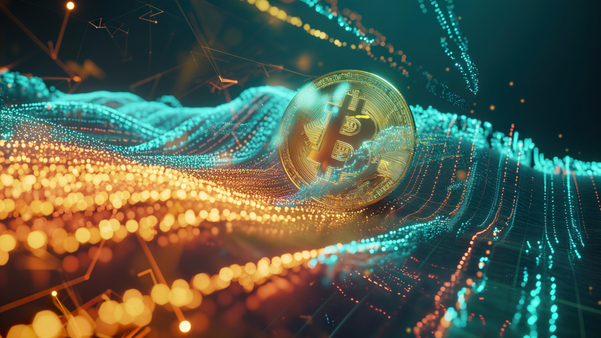 A Bitcoin coin superimposed over flowing digital network lines, symbolizing cryptocurrency and blockchain technology