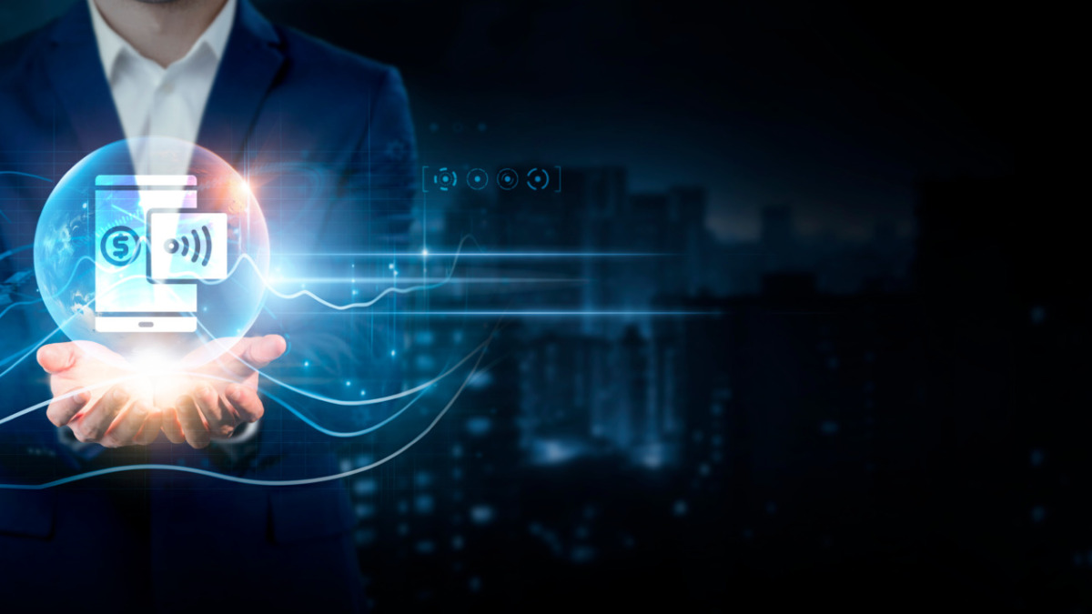 Digital Payments: Businessman Holding Global Network Connection of Data. Global Business. Transactions, Security, Innovation on Cyberspace.