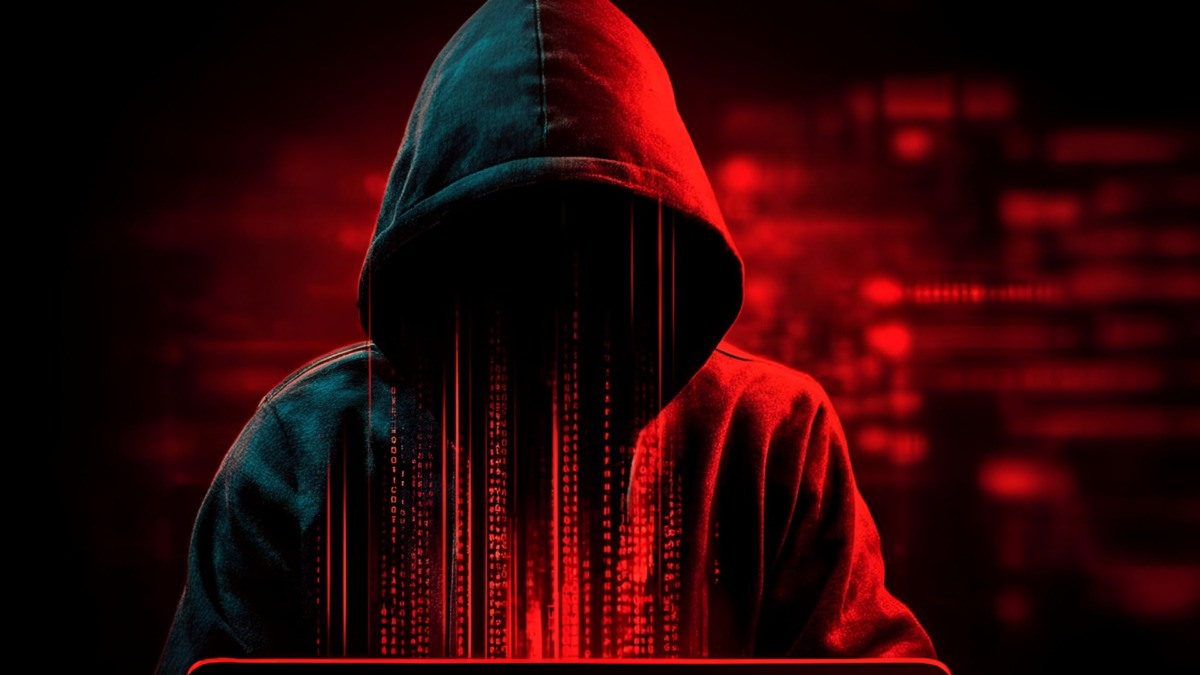 A mysterious figure in a hoodie obscured by digital codes, portraying themes of hacking and cybersecurity risks.