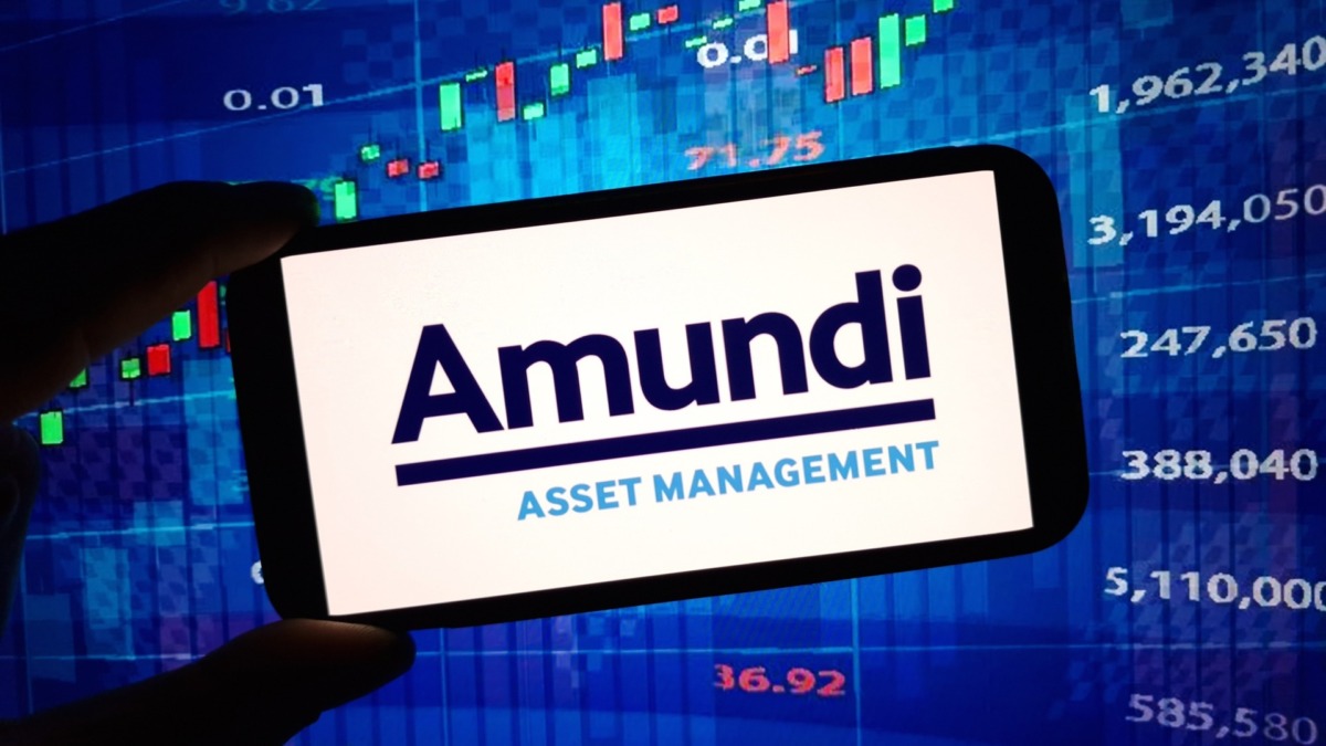 Amundi company logo displayed on mobile phone
