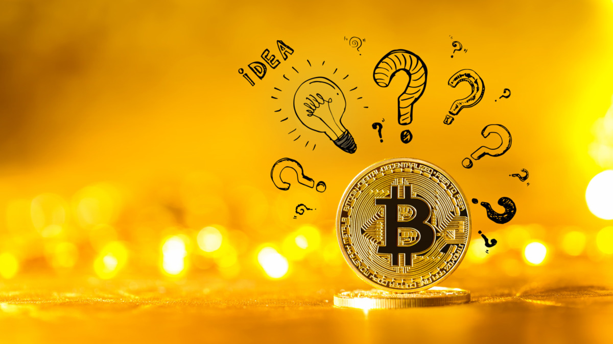 Idea light bulbs with question marks with gold bitcoin cryptocurrency coin