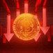 3D Rendering of Crypto currencies market goes down concept. Glowing Bitcoin (BTC) on red candle stick charts with extreme price drop background.
