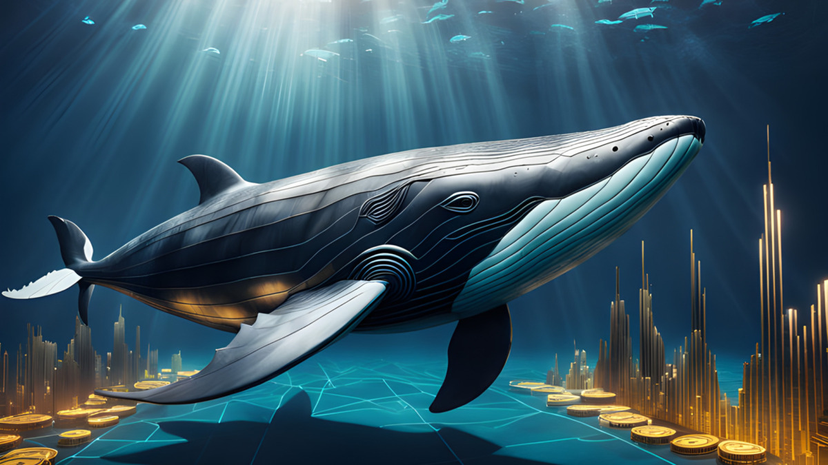 Fantasy on the theme of cryptocurrency whales, a 3D technological pseudo-realistic whale in a technologically modern design. 3D rendering and illustration.