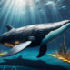 Fantasy on the theme of cryptocurrency whales, a 3D technological pseudo-realistic whale in a technologically modern design. 3D rendering and illustration.