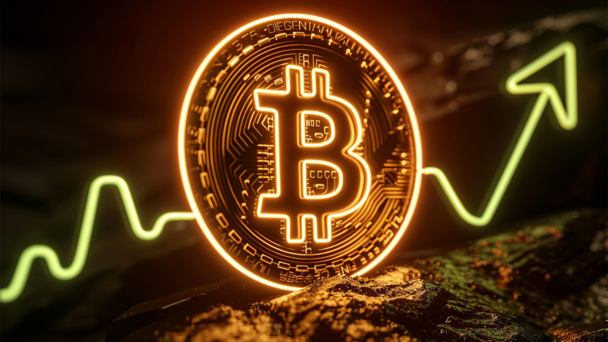 Bitcoin value rising up with many green arrow in background ( BTC ) crypto prices grow up Concept . Crypto chart rise up. cryptocurrency value new high bull market concept copy space