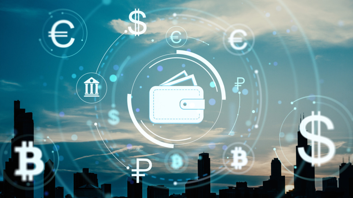 Digital wallet interface icon with currency and crypto symbols over abstract glowing fintech background and modern city skyline at sunset