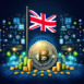 Bitcoin, the United Kingdom flag, and global elements highlight the international impact and growing significance of cryptocurrency