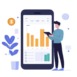 Business man trader investor analyst using mobile phone app analytics for cryptocurrency financial stock market analysis analyze graph trading data index investment growth chart on smartphone screen.