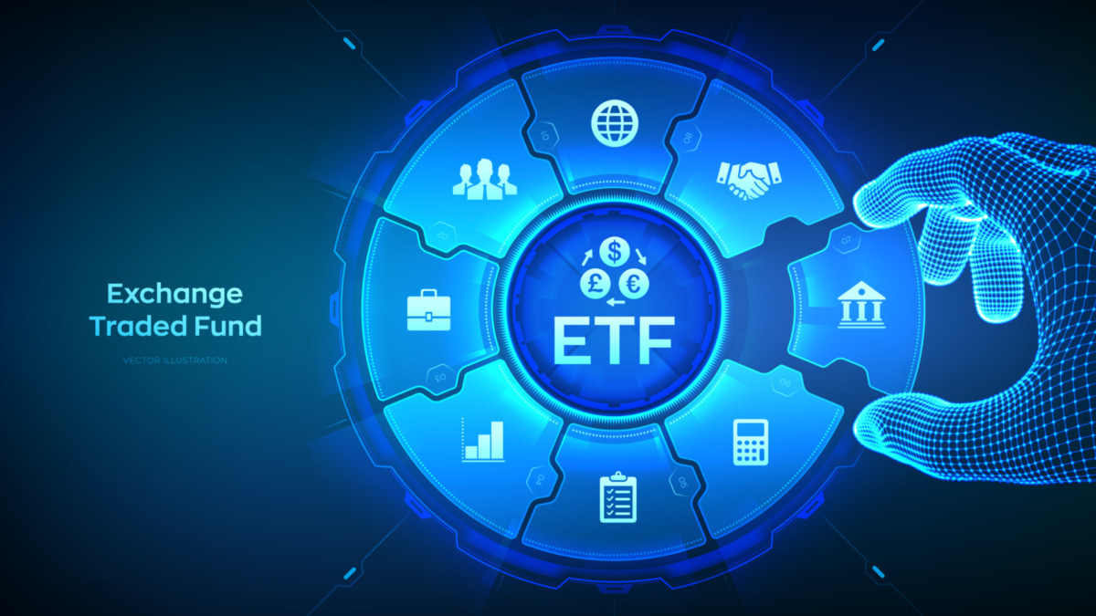 ETF. Exchange traded fund stock market trading investment financial concept. Business Growth. Stock market index fund. Hand places an element into a composition visualizing ETF. Vector illustration.