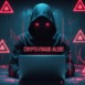 A mysterious hooded figure focused on a laptop, surrounded by red warning symbols indicative of crypto fraud.
