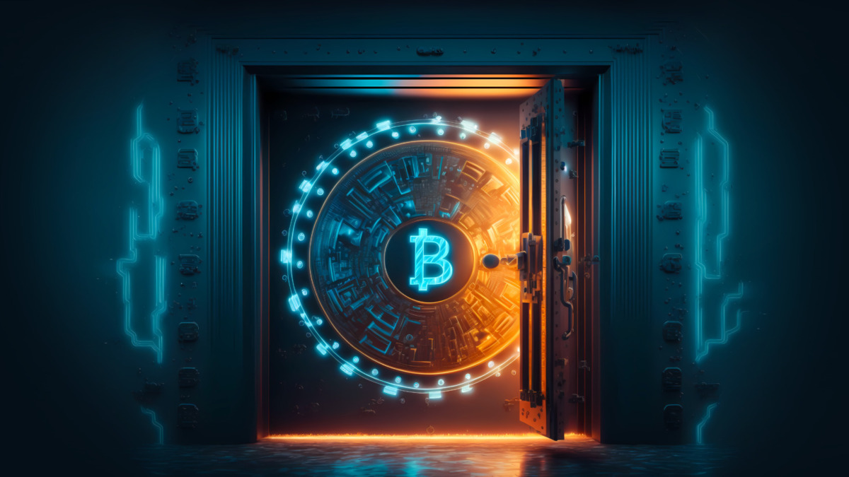 Gold Safe deposit with bitcoin logo. Concept symbol of cryptocurrency safety in internet blockchain virtual. Copy space banner. Generation AI.