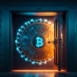 Gold Safe deposit with bitcoin logo. Concept symbol of cryptocurrency safety in internet blockchain virtual. Copy space banner. Generation AI.