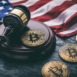 An illustration depicting the theme of Bitcoin crypto regulation and law, featuring a gavel placed alongside shiny Bitcoin coins on a table.