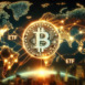 Bitcoin ETF Trends on Global Market Map, Graphical depiction of Bitcoin ETF trends across a glowing digital world map, symbolizing global market impact. Blockchain Technology mass adoption