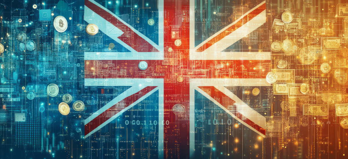 A digital representation of the UK flag amidst a backdrop of technology and cryptocurrency symbols, symbolizing innovation and digital finance.