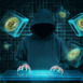 Man with virtual keyboard trying to hack bitcoin network. Blockchain technology concept
