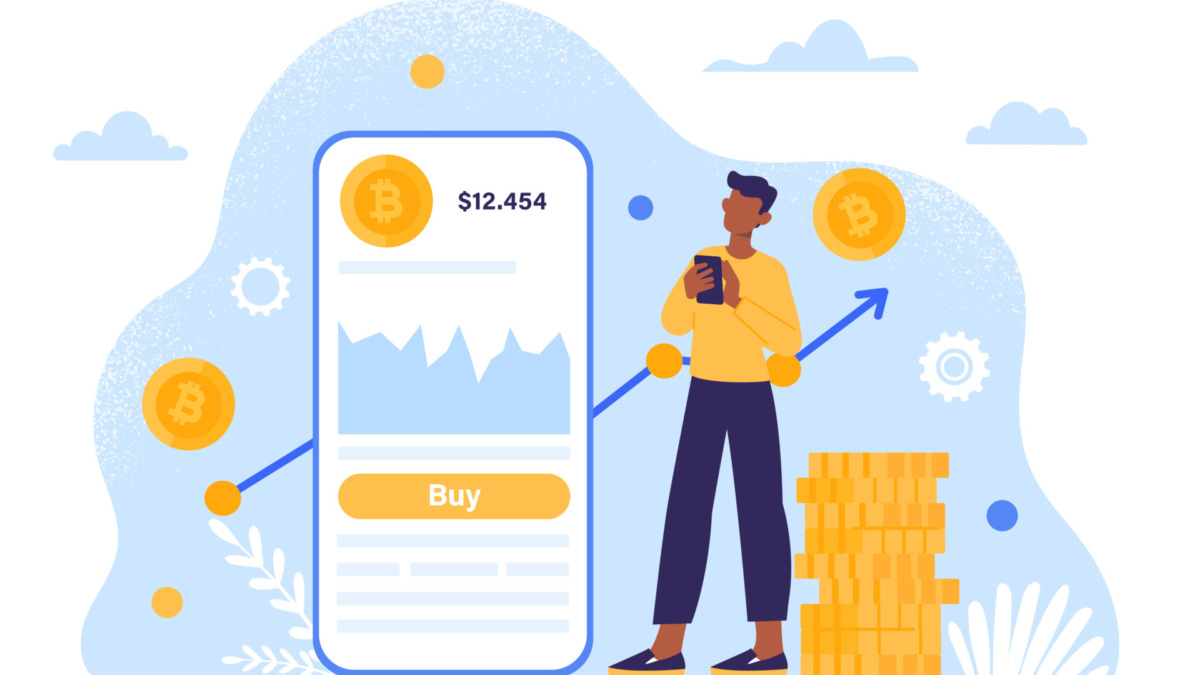 Man with blockchain technology concept. Young guy near smartphone with cryptocurrency. Economy, investing and traiding. Trader with bitcoins near phone. Cartoon flat vector illustration