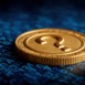 Golden coin with question mark on dark digital background