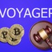 Judge's gavel and crypto coins in front and Voyager Digital Ltd company logo
