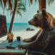 J11 cinematic centered wide angle photograph of a bear trading criptocurrencies. Computer screen with red and green chart bars. Animal sitting on a desk setup at a tropical beach --ar 16:9 Job ID: 88083362-f68a-4b18-b995-f220e4ca58fd