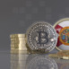 3d rendering of some metallic Bitcoins in front of an badge with the flag of Florida State USA
