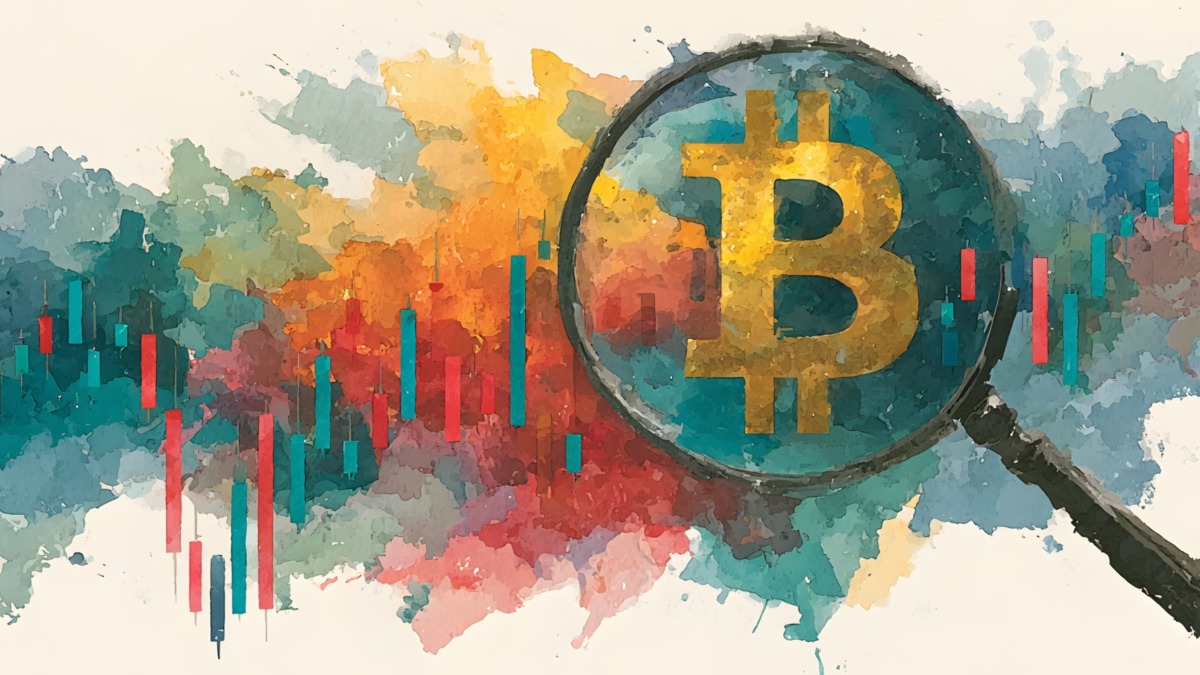bitcoin symbol under magnifying glass with market chart background representing cryptocurrency analysis and investment concept