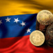 Stack of Bitcoin coins on Venezuelian flag. Situation of Bitcoin and other cryptocurrencies in Venezuela concept. 3D Rendering