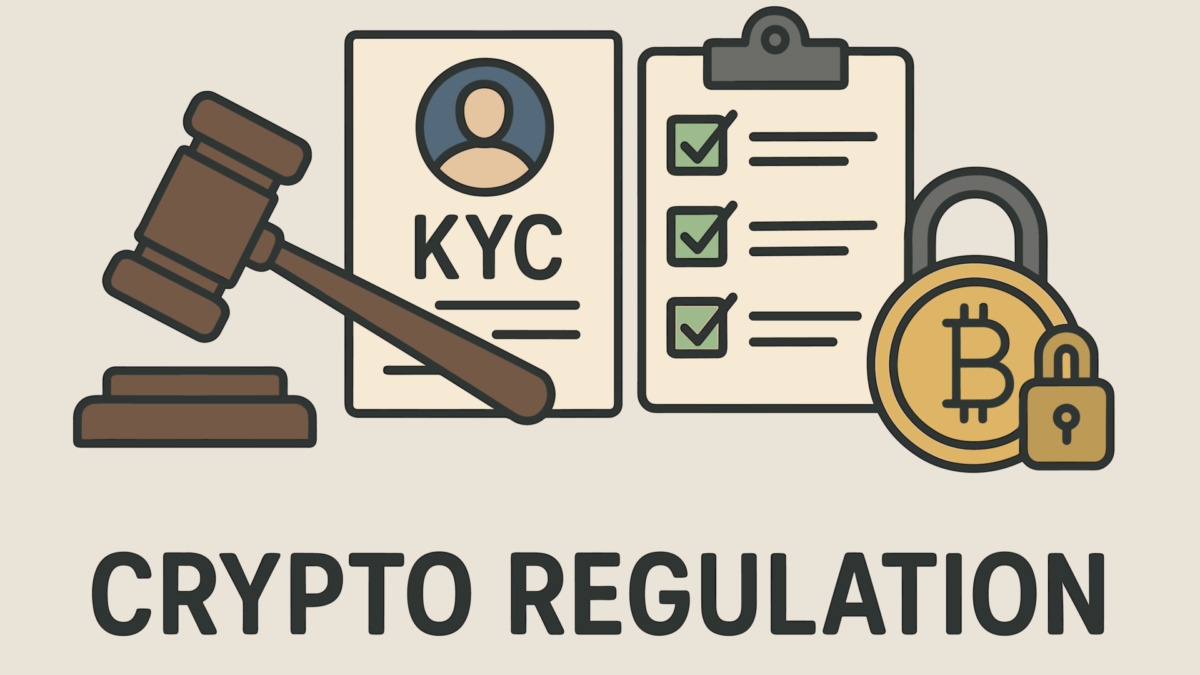 Crypto Regulation Icons. Illustration of crypto regulation concept — court hammer, KYC form, compliance checklist and token lock