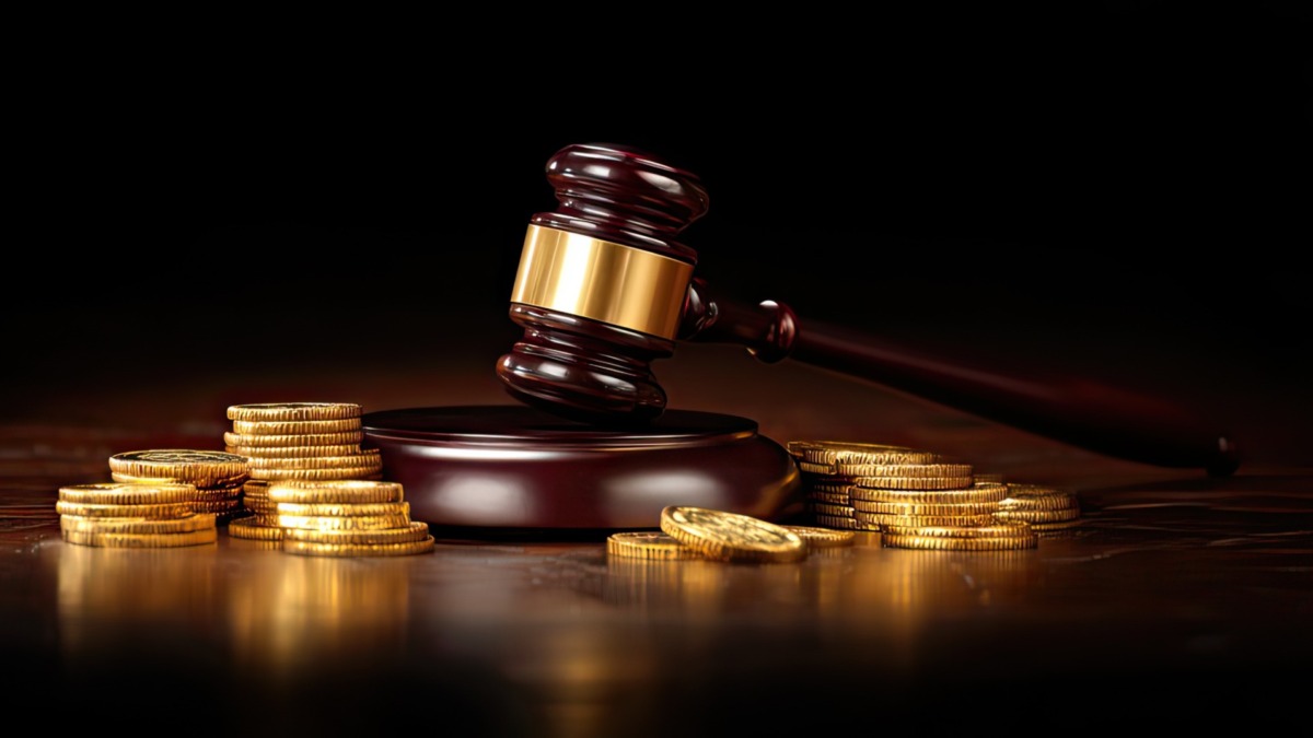 A wooden gavel is prominently placed on a dark table, surrounded by shiny gold coins, symbolizing the intersection of law and finance in a legal context.
