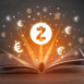 Open book with zcash icons above, currency exchange concept