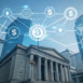 Classical bank building overlaid with cryptocurrency and blockchain network icons, including Bitcoin, dollar signs, and digital wallet symbols in urban skyline.