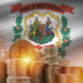 West Virginia US state flag and big amount of golden bitcoin coins and trading platform chart. Crypto currency concept