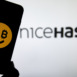 Rheinbach, Germany 11 November 2021, The brand logo of "NiceHash" on the display of a smartphone (focus on the brand logo)
