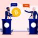 Bitcoin debate - Two politicians arguing about crypto currency politics, one holding coin and the other refusing. Flat design vector illustration