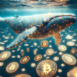 Massive gargantuan biomechanical whale swimming with poise in a glittering cyberspace ocean. Skin etched with intricate circuit designs. Golden hue bitcoins. Cryptocurrency theme. Generative AI