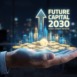 Businessman presenting futuristic cityscape with glowing coins and upward arrow