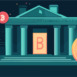 Cryptocurrency bank with bitcoin symbols and cityscape - vector