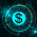 Creative digital blue dollar sign on blurry dark background. Cryptocurrency and trade concept. 3D Rendering