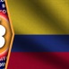 Colombia Realistic Wavy Flag, Bitcoin Logo and Titles, Circle Neon Effect Fabric Texture 3D Illustration